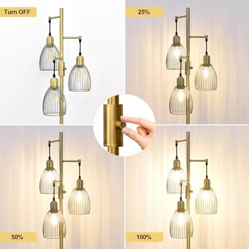 Dimmable Floor Lamp, 3 x 800LM LED Edison Bulbs Included, Farmhouse Industrial Floor Lamp Standing Tree Lamp with