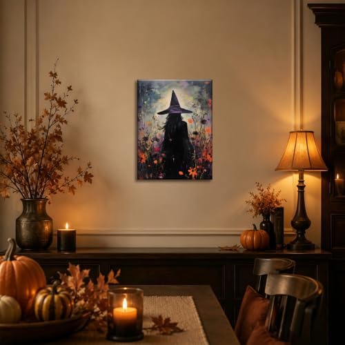ILLBDR Halloween Witch with Flowers Canvas Wall Art 12x16 inch