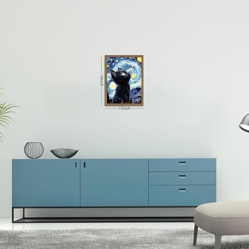 Framed Black Cat Wall Art, Van Gogh Starry Night Canvas Wall Decor, Cute Cat Animal Poster Print Picture, Impressionist