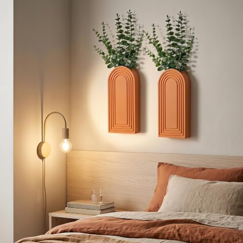 Dnnnii 2 Pack Wooden Wall Vase Set - Orange Finish Modern Farmhouse & Boho Wall Decor for Entryway, Hallway, Bathroom