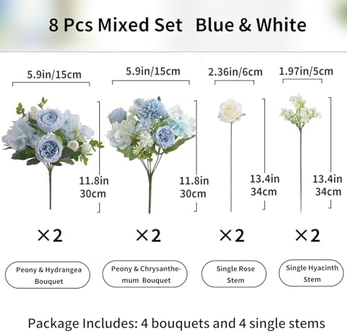8 Pcs Mixed Artificial Peony Flowers Set-4 Bouquets & 4 Stems, Blue Fake Peony Rose Hydrangea Flowers for Vase Silk Floral Arrangements for Table Centerpiece Wedding Party Bridal Decoration Home Decor