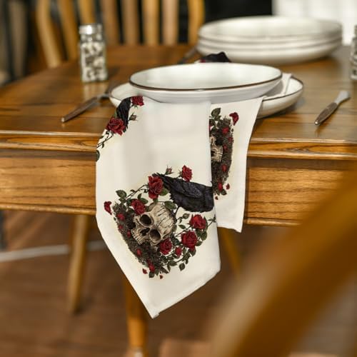 Horaldaily Halloween Cloth Napkins, Crow Skeleton Roses Napkins Set of 12