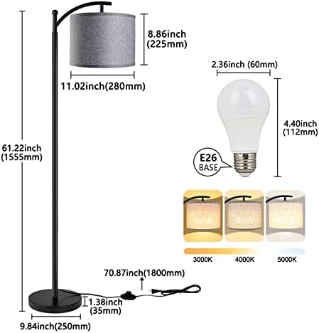 ROTTOGOON Floor Lamp with 3CCT LED Bulb, Gray Linen Lamp Shade for Living Room, Modern Standing Lamp for Bedrooms