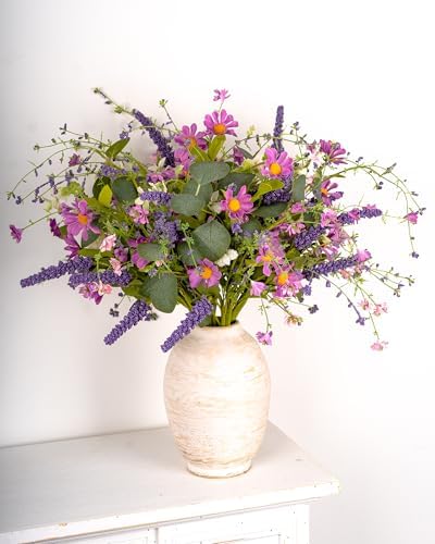20" Artificial Flowers Bouquet for Vase Indoor, 6 stem Faux Silk Daisies Lavender Silver Dollar Eucalyptus Leaves Wildflower Floral Arrangement Home Decor for Living Room Dining Table Entryway