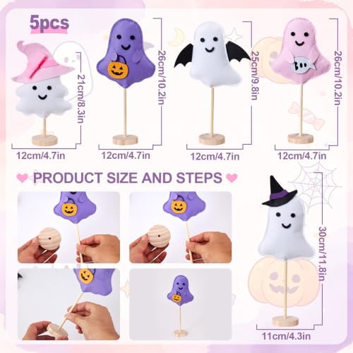 SUNBEAUTY Pink Halloween Decor Pink Felt Ghost Halloween Table Decorations, 5Pcs Cute Ghost Witch Hat Bat Wings, Boo, Pumpkin Centerpieces for Home Mantel Tabletop Desk Office Tray Decor
