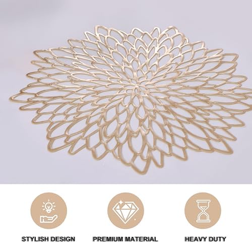 Snowkingdom Pack of 18 Gold Placemats Metallic Round Leaf Bulk Pressed Vinyl Dinning Kitchen Table Charger Mats Decorations for Mothers Day Wedding Party Birthday Event Holiday Christmas Thanksgiving
