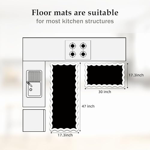 Arenarug Scalloped Kitchen Mats for Floor, Black White Kitchen Rug Set of 2