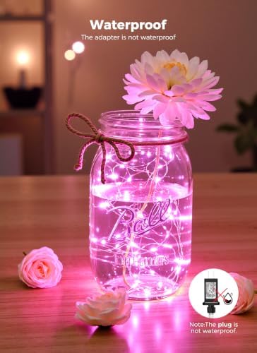 Pink Fairy Lights Plug in, 33Ft 100 LEDs Waterproof Silver Wire Firefly Valentine's Lights, Adaptor Included, Starry String Lights for Wedding Indoor Outdoor Patio Garden Valentine's Day Decoration