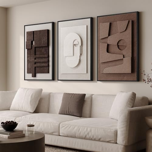 Large Framed 3D Wall Art for Living Room, Brown Abstract Art Wall Decor