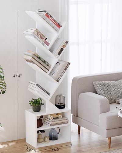 SUNMORY 6 Tier Tree Bookshelf, Tall Small Bookcase with Storage Cabinet