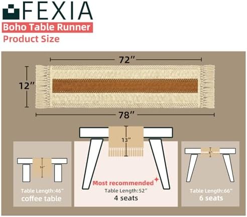 Boho Table Runner for Home Decor 12x72 Fall Coffee Table Decor Caramel