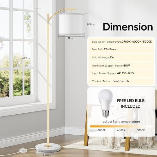 ROTTOGOON Gold Floor Lamp for Living Room with Marble Base, Modern Standing Lamp with 3 Color Temperatures Bulb &