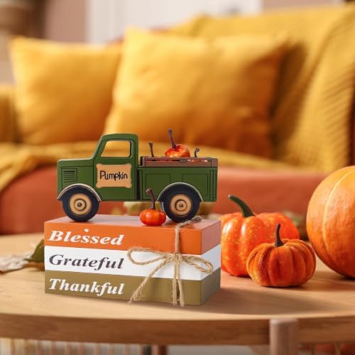 OLANRUN Fall Decor for Home, 9 Pcs Wooden Fall Table Decor with 3 Books, 3D Truck, 5 Pumpkins, Autumn Thanksgiving Decorations for Indoor Home Table Centerpieces Kitchen Tiered Tray Office Mantel