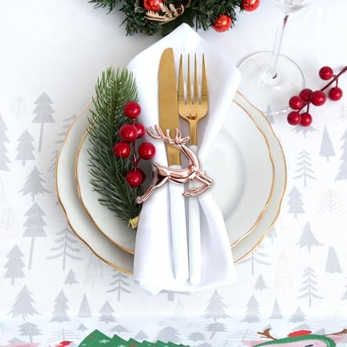 ZeeDix Christmas Rose Gold Reindeer Napkin Rings Set of 8 for Table Decor