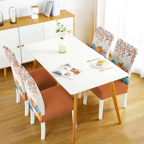 Fall Chair Covers Set of 6,Thanksgiving Parsons Chair slipcovers,Fall Pumpkin Kitchen Dining Room Decor Chair Seat Cover Protectors(Orange Pumpkin,6 Pack)