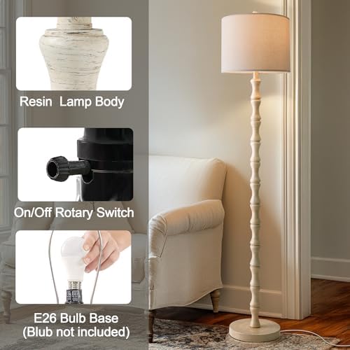 BOBOMOMO 62" Rustic Floor Lamp, Retro Farmhouse Standing Lamp with Rotary Switch, Resin Antique White Floor Lamp for