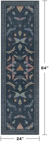 2x7 Navy Blue Bathroom Runner Rug, Washable Vintage Insect Carpet for Kitchen Floor, Hallway & Bedroom, Low Pile Soft