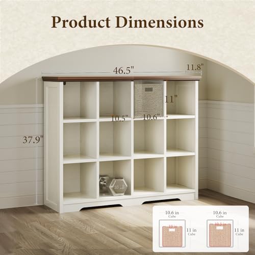 OffiGo 12 Cube Organizer Bookcase, Cube Shelf with Storage, Walnut + White