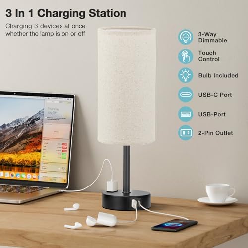Fenmzee Beige Bedside Lamp for Bedroom, Dimmable Touch, USB A+C, AC Outlet