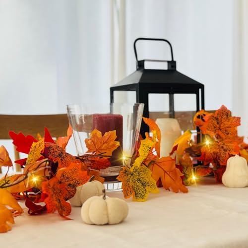 CQURE 12 Pack Fall Leaf Garland,Artificial Fall Vines Autumn Garland Fall Maple Leaves Thanksgiving Decor for Home Wedding Fireplace Christmas(Light..)