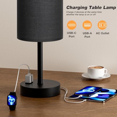 Fenmzee 17.4" Black Lamp for Bedroom - Dimmable Touch, USB A+C, AC Outlet