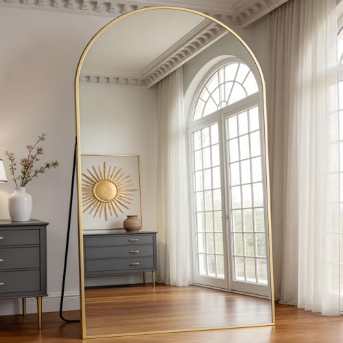 Prywot Full Length Mirror, Oversized 90"x46" Arched-Top Floor Mirror, Gold