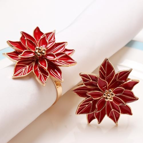 Christmas Poinsettia Napkin Rings Set of 6 Holders with Red Flowers, Christmas Napkin Rings Dinning Table Setting for Wedding Party Holiday Banquet Decor(Bows-6pcs)