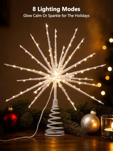 BrizLabs Silver Christmas Tree Topper Star, 14 in 8 Modes Lighted Starburst