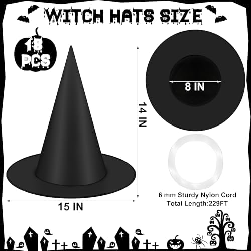 18Pcs Black Witch Hats, Thickened Hanging Witch Hat, Halloween Decor