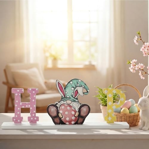 Smile Easter Wooden Standing Sign, 3-Piece Hip Bunny Rabbit Gnome House Decor, Tabletop Decoration for Home Office Shelf Mantel