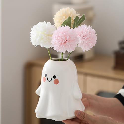 Cute Ghost Vase Ceramic Ghost Bucket Vase, H 5.9" Halloween Vases Ceramic Ghosts Decor for Home Table Desk Bedroom Halloween Decorations, Ceramic Vases for Flowers (A-Matte Finish)