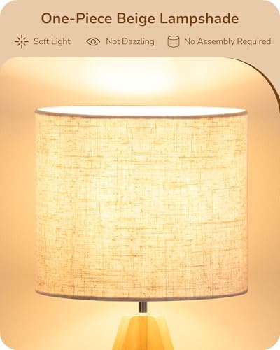 EDISHINE Small Table Lamp, Boho Bedside Lamp, Linen Fabric Shade, 14.2 Inch
