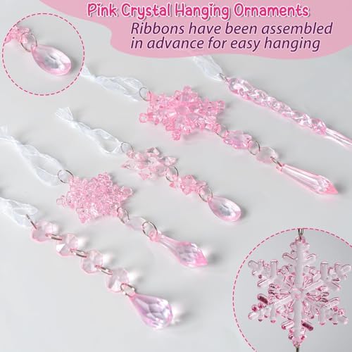 20pcs Crystal Christmas Ornaments for Christmas Tree Decorations-Light Pink Hanging Acrylic Snowflake and Icicle Ornaments with Drop Pendants for New Year Party Decorations Supplies