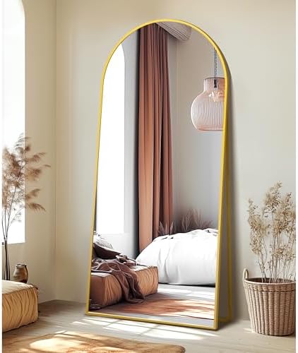 Delma Arched Full Length Mirror with Stand, 75x35 Gold Floor Mirror