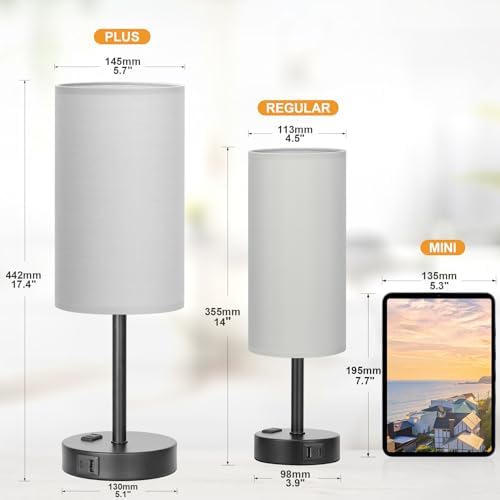 Fenmzee 17.4" Grey Lamp for Bedroom - Dimmable Touch, USB A+C, AC Outlet