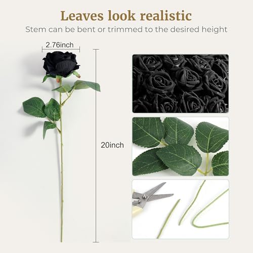 Auihiay 60PCS Black Roses, Fake Roses, Artificial Roses, Velvet Silk