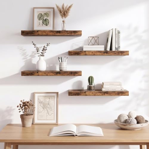 Fixwal Floating Shelves for Wall Decor (Rustic Brown, Set of 4, 15.7 Inch)