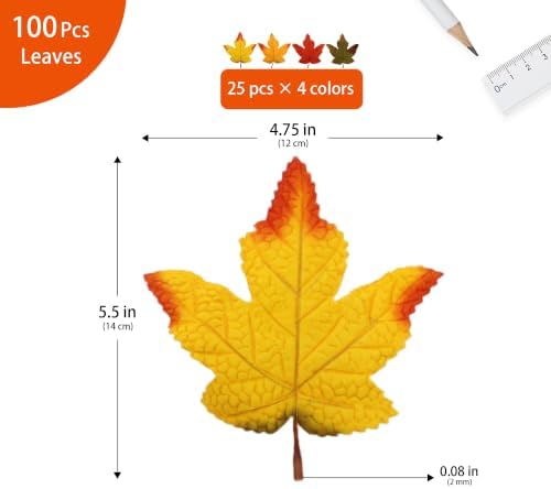 100 Pcs Artificial Maple Leaves Bulk (Medium-Leaf 4-Color Assorted)