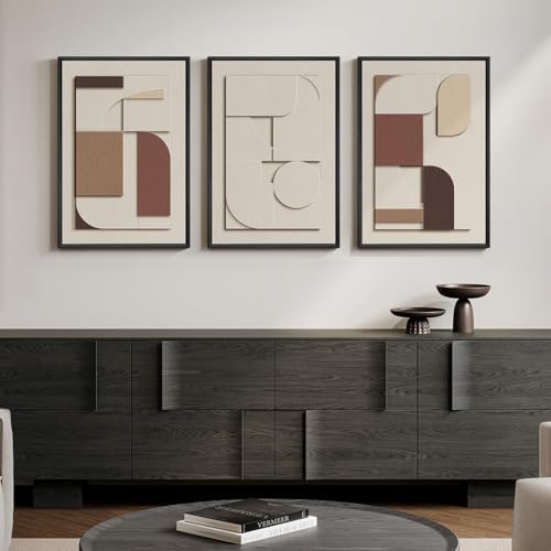3D Textured Neutral Abstract Framed Wall Art Set of 3, 16x24 In