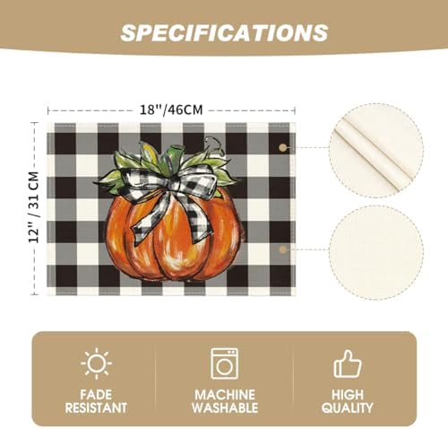 Artoid Mode Buffalo Plaid Pumpkin Fall Placemats Set of 4, 12x18 Inch Seasonal Autumn Table Mats for Party Kitchen Dining Decoration