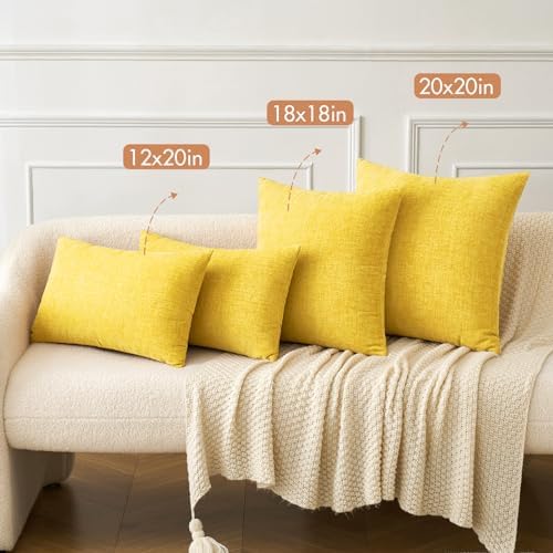MIULEE Soft Chenille Lumbar Throw Pillow Covers Yellow 12x20 Pack of 2