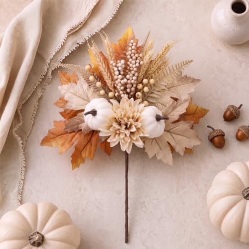 Yinder 4 Pcs Fall Artificial Pumpkin Flower Stems, Brown Maple Leaf Picks