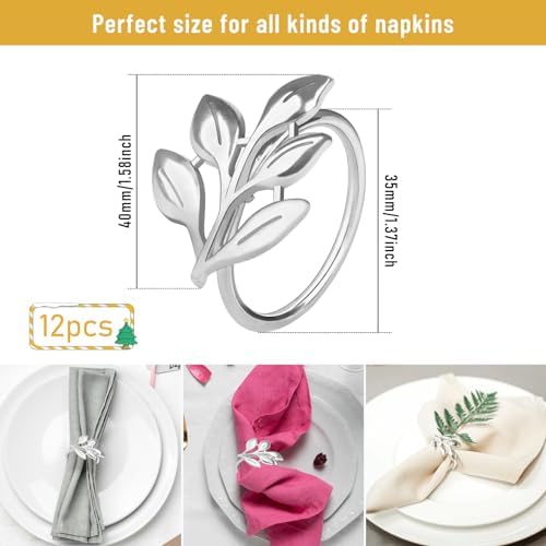 Legigo Silver Napkin Rings Set of 12, Metal Leaf Napkin Ring Holders for Cloth Napkins, Fall Napkin Ring Buckles Bulk for Wedding Receptions, Christmas Thanksgiving Holiday Party Dinner Table Settings