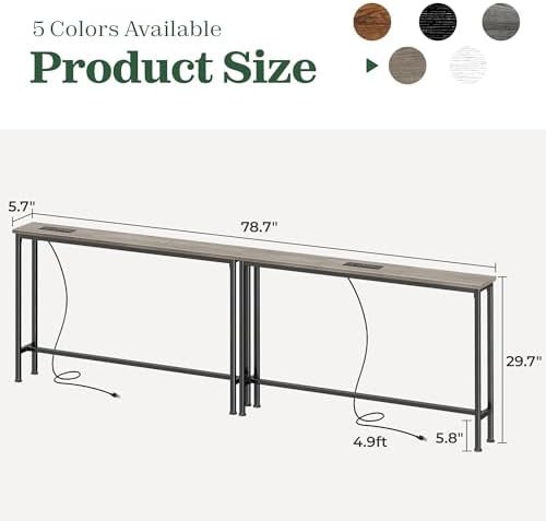 SUPERJARE 78.8 inch Narrow Behind Couch Table with 2 Charging Stations