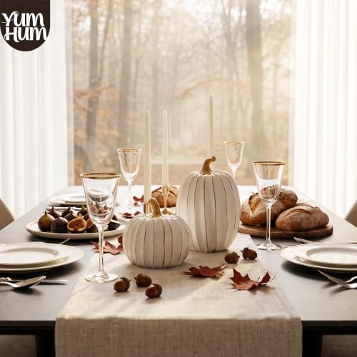 2Pcs Resin Pumpkin Figurines, Gold Stripe Fall Thanksgiving Decor