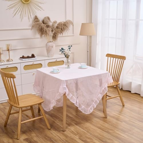 Pink Floral Lace Square Tablecloth 55”x55” Vintage Table Cloth