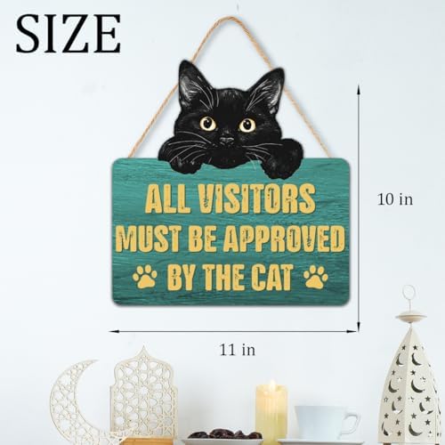 Funny Black Cat Wood Hanging Sign for Front Door, Cat Gifts House Welcome Sign