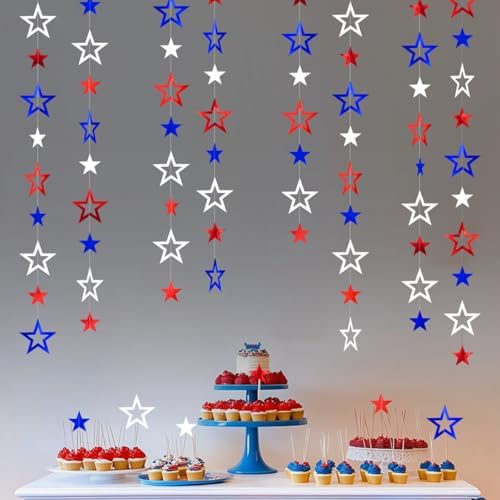 Patriotic Star Streamers Banner Garland Glitter for 4th of July BBQ Memorial Day 250th Anniversary Party Glossy Independence Day Celebration Labor Day Decorations Red White Blue 1 Strand 157.5In