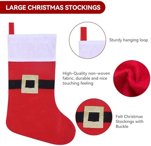 24 Pack Felt Christmas Stockings with Buckle, 19 Inches Red and White Christmas Stockings Hanging Ornaments, White Cuff with Buckle Christmas Stocking for Family Christmas Holiday Decorations