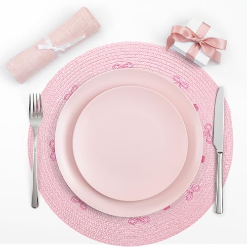 Whaline 4 Pcs Pink Bow Embroidered Placemats Round Place Mats Coquette Bow Dinner Table Mats for Home Wedding Baby Shower Birthday Party Decor